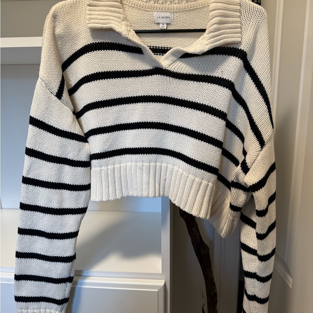 LA Hearts Black and White Striped Sweater cropped